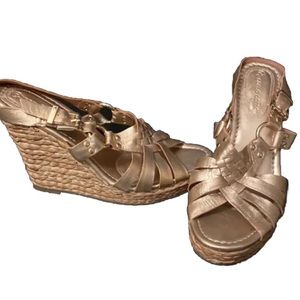 Corso Como Rose Metallic Leather Straw Braided Wedge Espadrilles Sandals 8